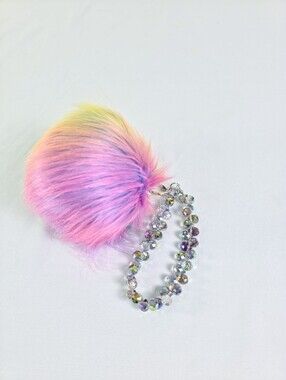 XL Neon Rainbow Pompom Purse Charm Wrist Strap Multicolor Faceted Beads Sparkly